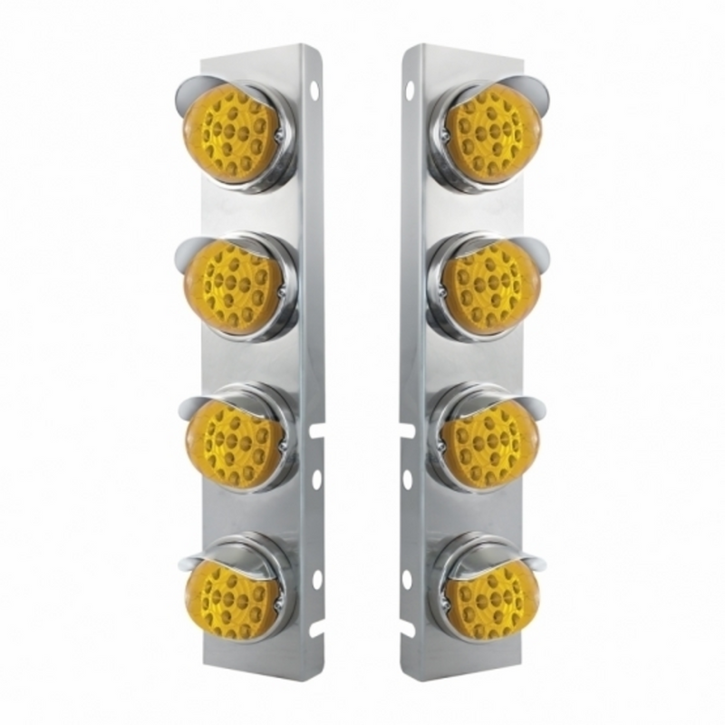 United Pacific SS Front Air Cleaner Bracket With 8X 17 Amber LED Reflector Lights & SS Visors For Peterbilt-Amber Lens 39850
