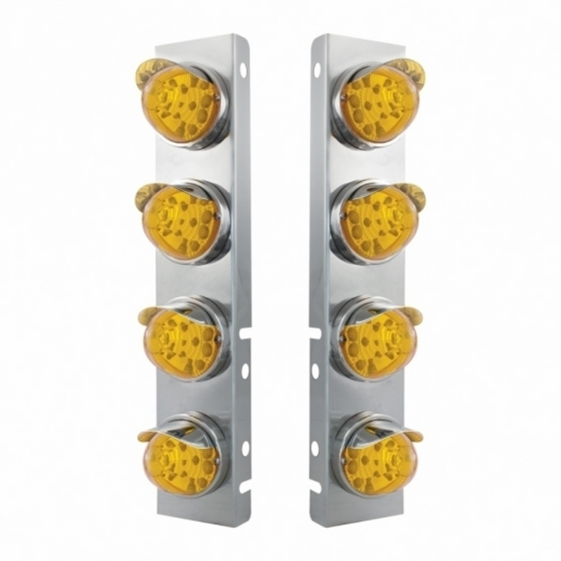 United Pacific SS Front Air Cleaner Bracket With 8X 17 Amber LED Reflector Watermelon Lights & SS Visors For Peterbilt-Amber 39852