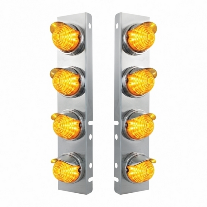 United Pacific SS Front Air Cleaner Bracket With 8X 17 Amber LED Beehive Lights & SS Visors For Peterbilt -Amber Lens 39854