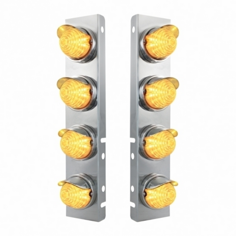 United Pacific SS Front Air Cleaner Bracket With 8X 17 Amber LED Beehive Lights & SS Visors For Peterbilt -Clear Lens 39855