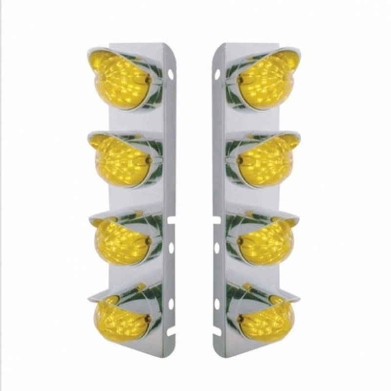 United Pacific SS Front Air Cleaner Bracket With 8X 17 Amber LED Watermelon Lights & SS Visors For Peterbilt-Amber Lens 39856