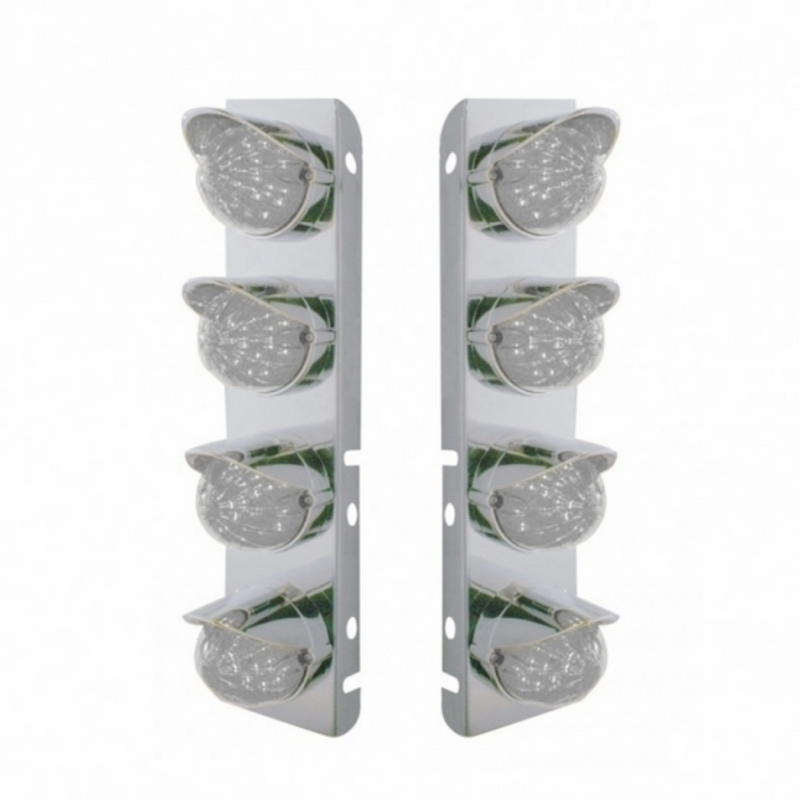 United Pacific SS Front Air Cleaner Bracket With 8X 17 Amber LED Watermelon Lights & SS Visors For Peterbilt-Clear Lens 39857