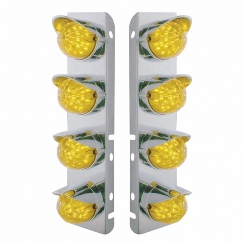 United Pacific SS Front Air Cleaner Bracket With 8X 17 Amber LED Dual Function Reflector Lights & SS Visors For Peterbilt-Amb 39858