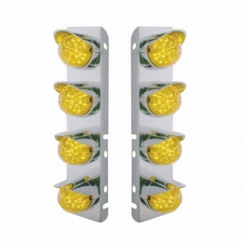 United Pacific SS Front Air Cleaner Bracket With 8X 17 Amber LED Hi/Lo Watermelon Lights & SS Visors For Peterbilt -Amber Len 39860