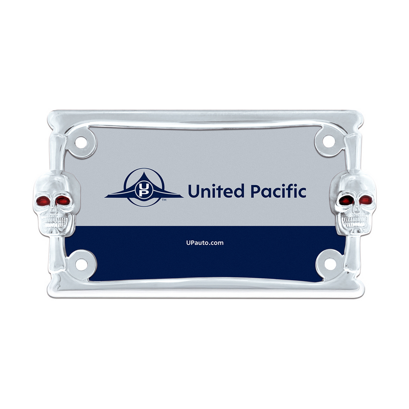 United Pacific Two Skull Motorcycle License Plate Frame Chrome 50075