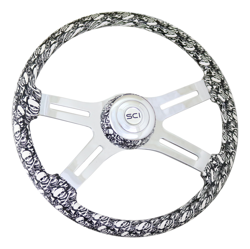 Steering Creations 18" Printed Wood Rim Steering Wheel- Skulls White