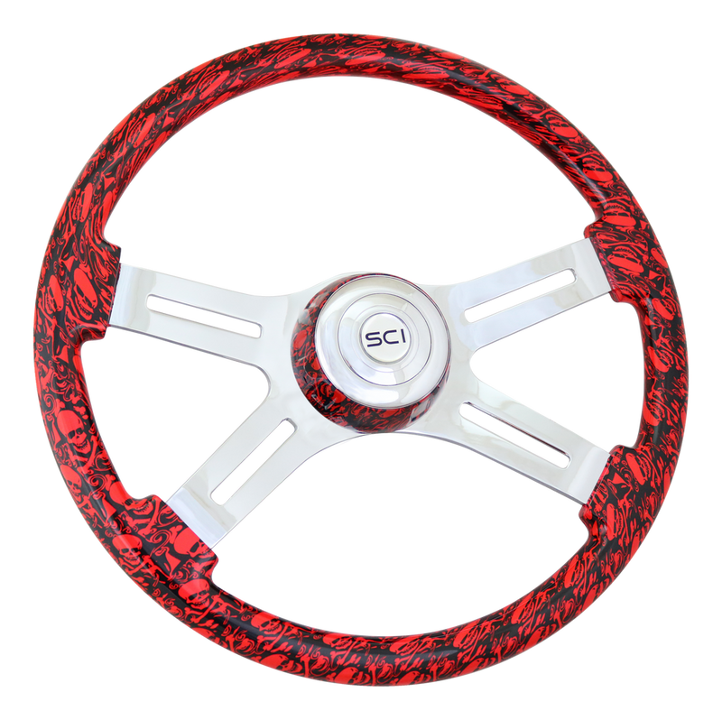 Steering Creations 18" Printed Wood Rim Steering Wheel- Skulls Viper Red