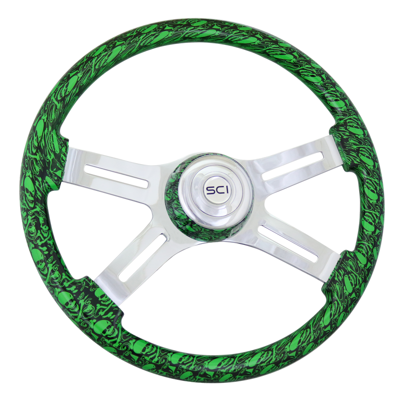 Steering Creations 18" Printed Wood Rim Steering Wheel- Skulls Green