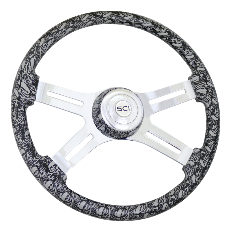 Steering Creations 18" Printed Wood Rim Steering Wheel- Skulls Silver