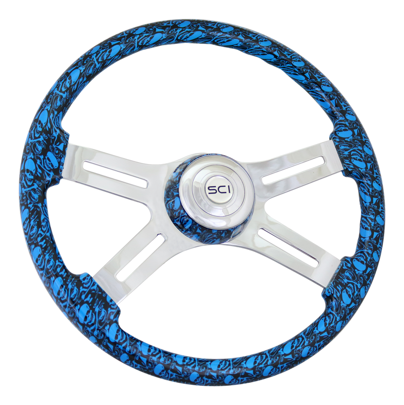 Steering Creations 18" Printed Wood Rim Steering Wheel- Skulls Blue