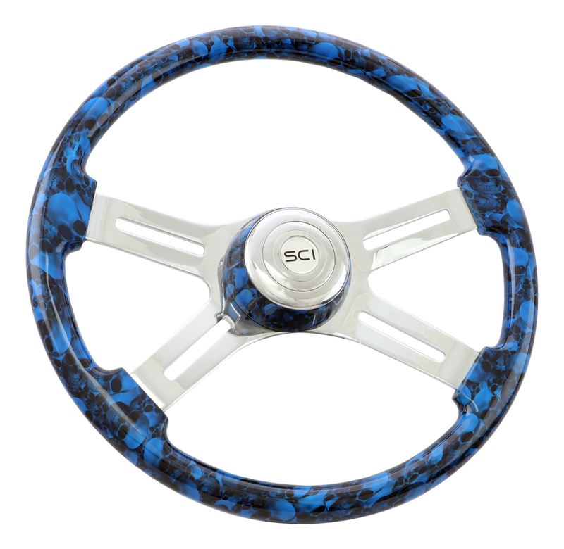 Steering Creations 18" Printed Wood Rim Steering Wheel- Big Skulls Blue