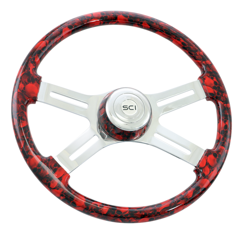 Steering Creations 18" Printed Wood Rim Steering Wheel- Big Skulls Red