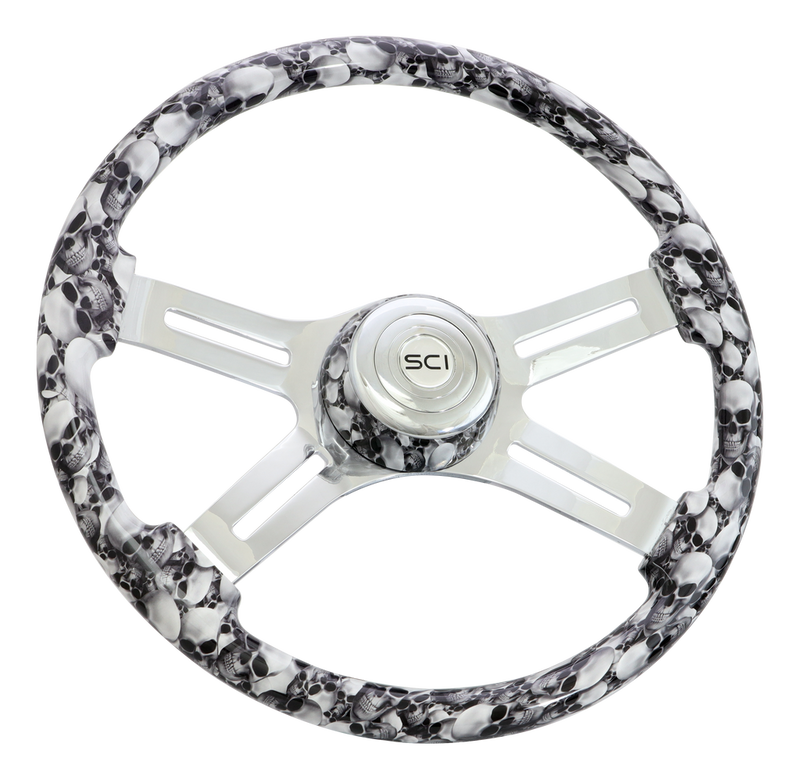 Steering Creations 18" Printed Wood Rim Steering Wheel- Big Skulls White