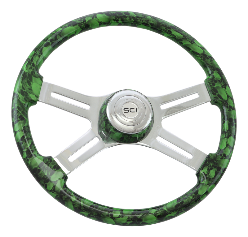 Steering Creations 18" Printed Wood Rim Steering Wheel- Big Skulls Green
