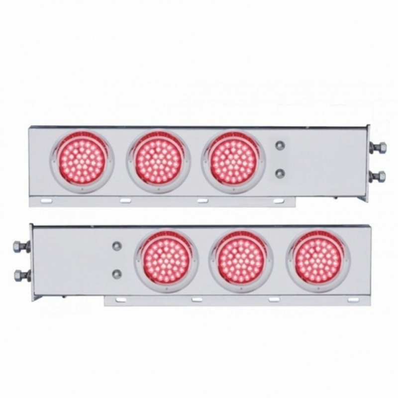 United Pacific 2.5" Bolt Pattern Chrome Spring Loaded Bar W/6X 36 LED 4" Lights & Visors -Red LED & Lens (Pair) 61679