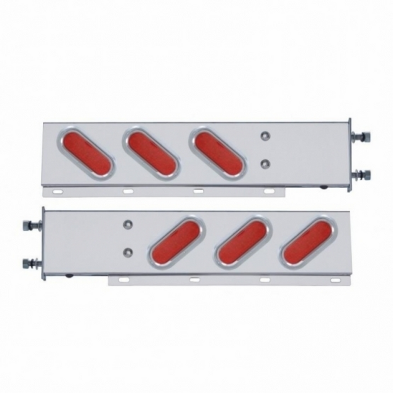 United Pacific 3-3/4" Bolt Pattern SS Spring Loaded Bar With 6" Oval 19 LED Lights & Visors -Red LED & Lens (Pair) 61806