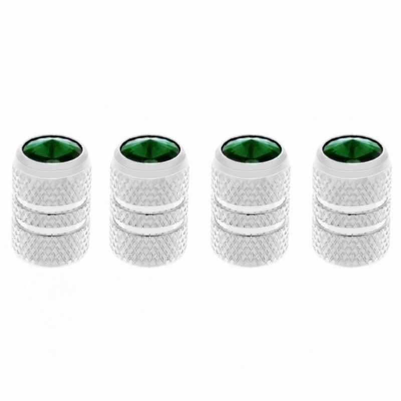 United Pacific Chrome Tubular Valve Caps With Green Crystal (Set of 4) 69992