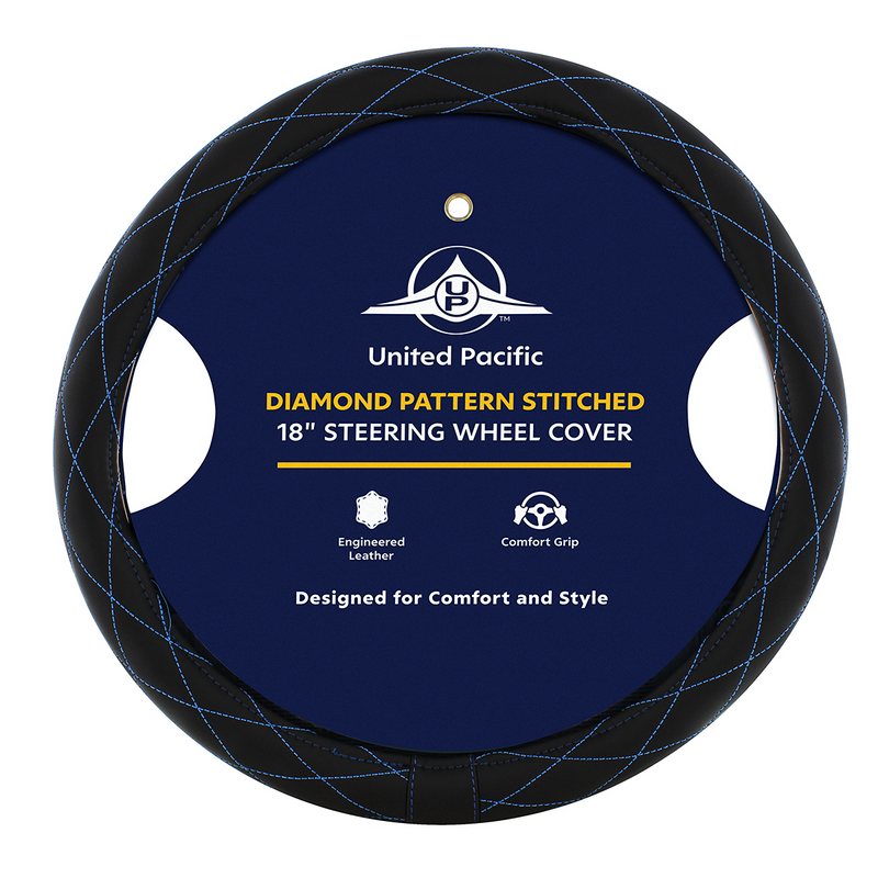 United Pacific 18" Crystal Stitched Leather Steering Wheel Cover Blue Stitching 70119