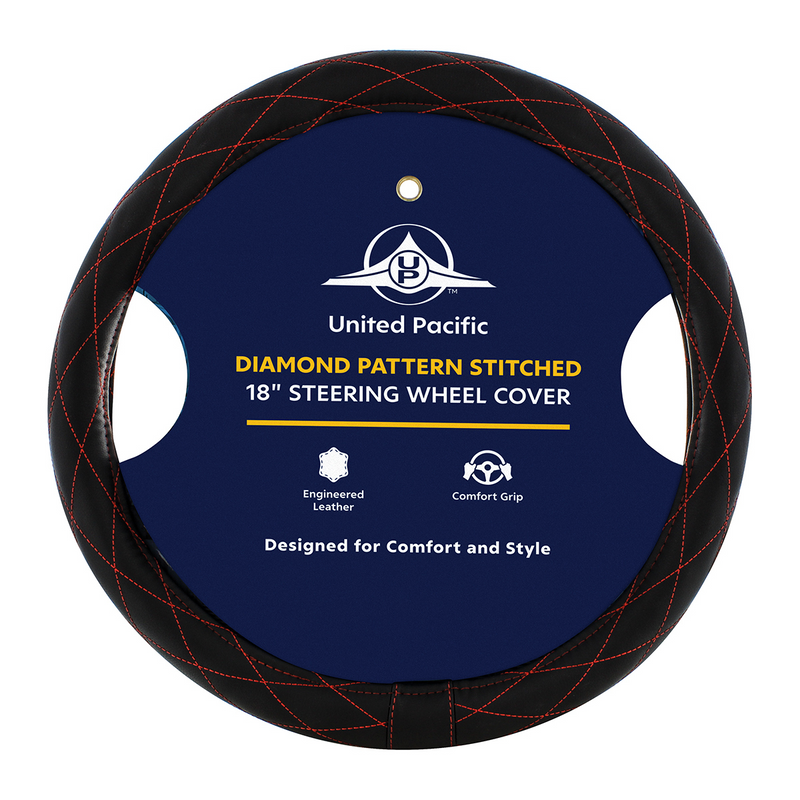 United Pacific 18" Crystal Stitched Leather Steering Wheel Cover Red Stitching 70120