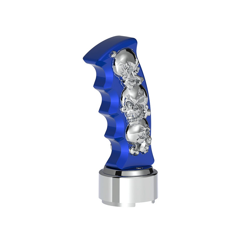 United Pacific Thread-On Skulls Pistol Grip Gearshift Knob With Chrome 9/10 Speed Adapter Indigo Blue With Chrome Skulls 70835