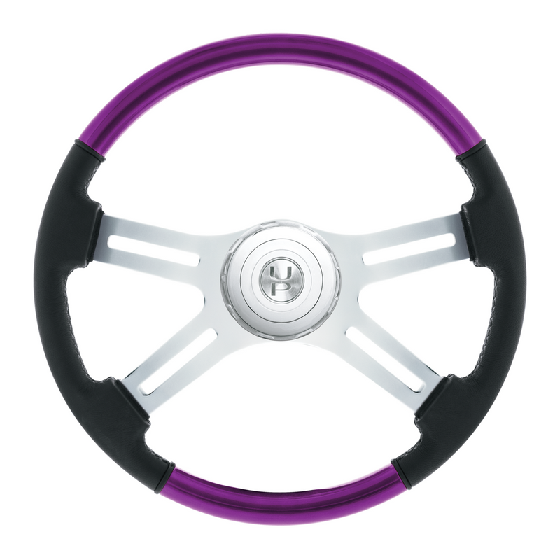 United Pacific 18" Leather & Wood Candy Color 4 Spoke Steering Wheel With Chrome Horn Bezel-Candy Purple 88074