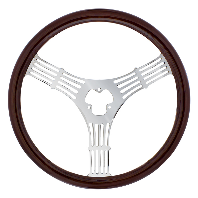 United Pacific 18" 3-Spoke Stamped Steel Steering Wheel With Wood Grip Banjo 88106