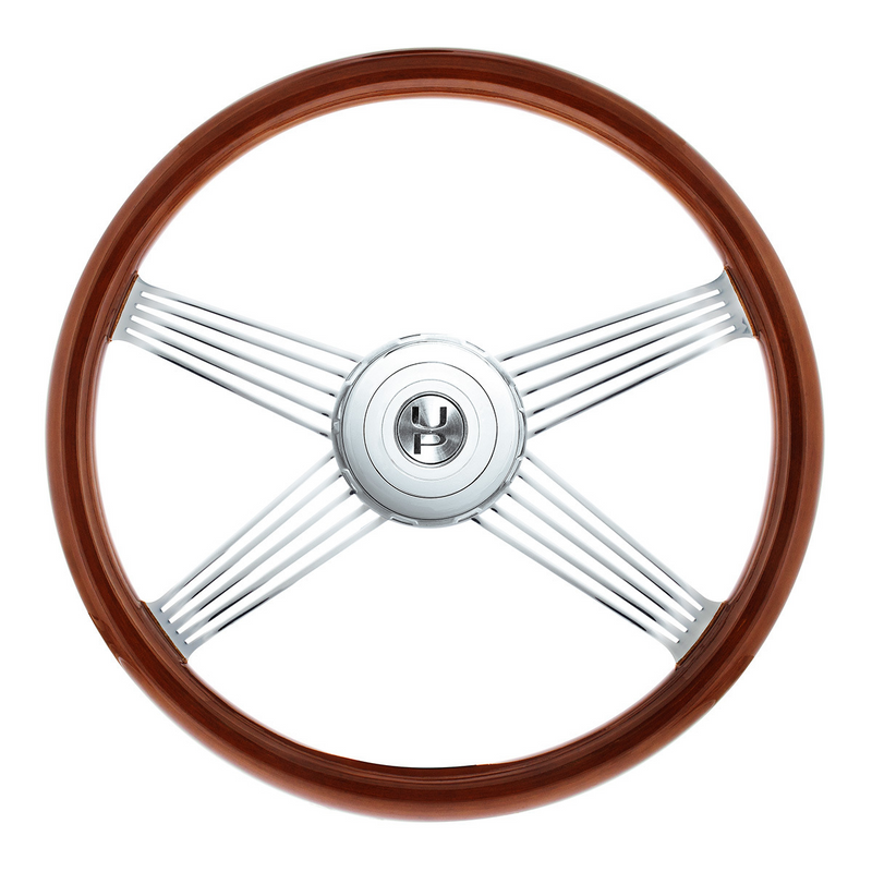 United Pacific 18" Chrome 4 Spoke With Wire Cutout Steering Wheel With Horn Bezel & Button-Wood Grain 88118