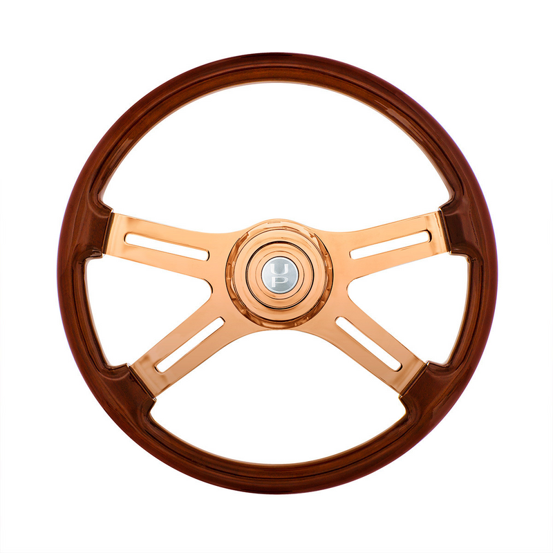 United Pacific 18" Rose Gold 4 Spoke Steering Wheel With Horn Button & Bezel-Wood Grain 88119