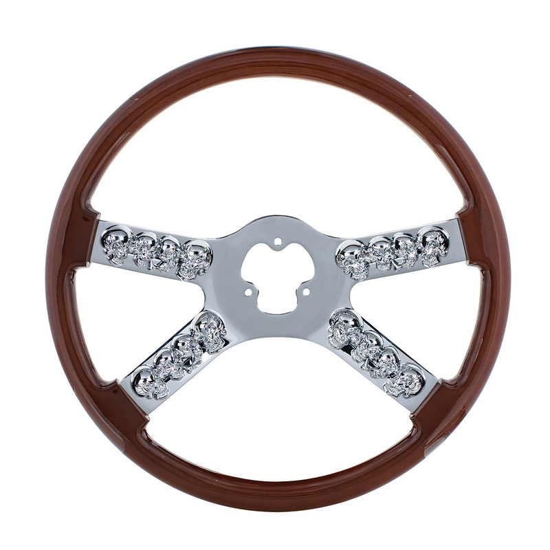 United Pacific 18" Chrome Steering Wheel With Skull Accent Wood 88174