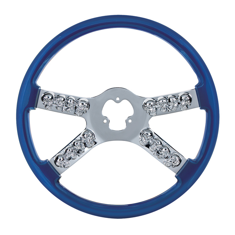 United Pacific 18" Chrome Steering Wheel With Skull Accent Blue 88175