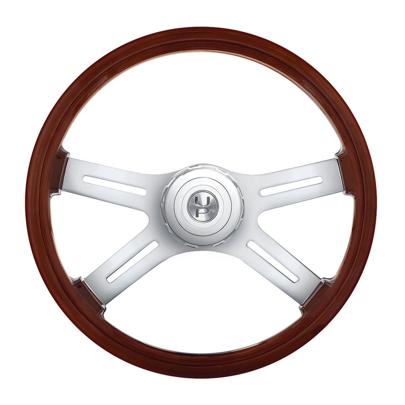 United Pacific 18" 4-Spoke Style Wood Steering Wheel With Hub & Horn Button Kit For Peterbilt (2006+) & Kenworth (2003+) 88178