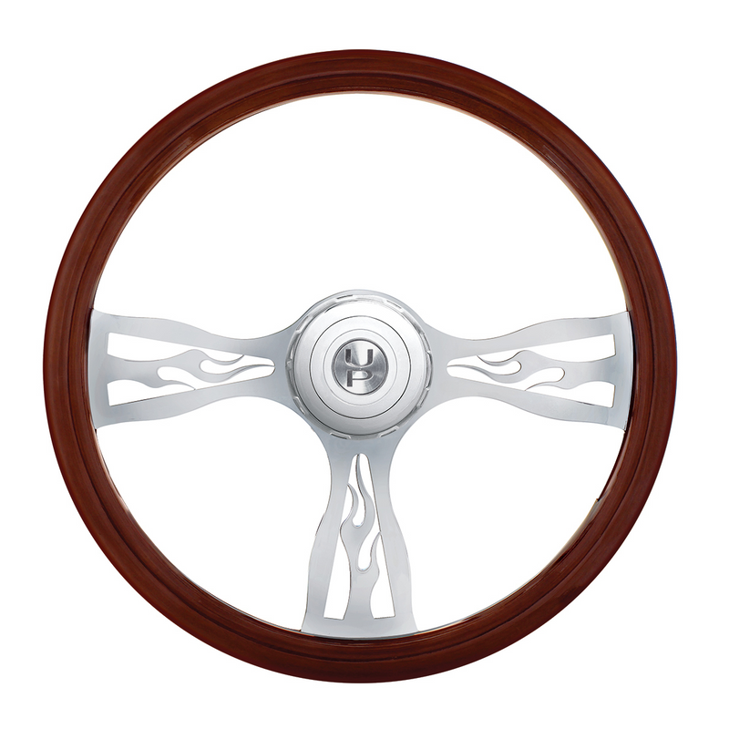 United Pacific 18" Flame Style Wood Steering Wheel With Hub & Horn Button Kit For Peterbilt (2006+) & Kenworth (2003+) 88180