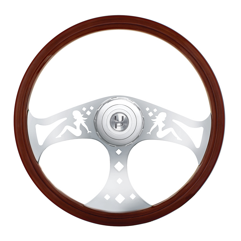 United Pacific 18" Lady Style Wood Steering Wheel With Hub & Horn Button Kit For Peterbilt (2006+) & Kenworth (2003+) 88182