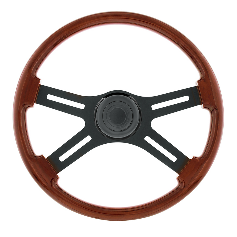 United Pacific 18" Matte Black 4 Spoke Steering Wheel With Horn Bezel & Button-Wood Grain 88186