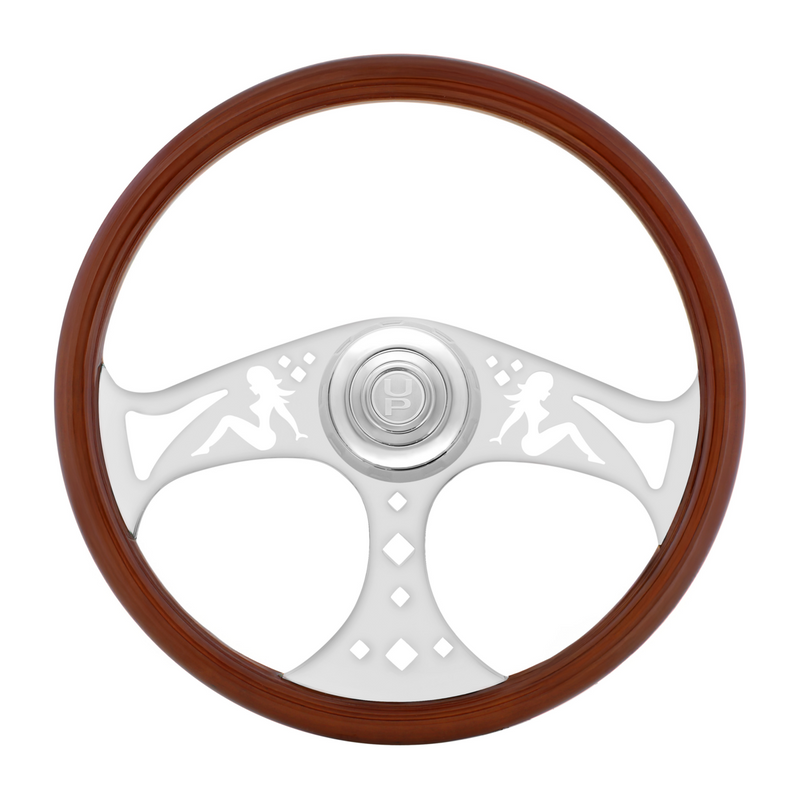 United Pacific 18" Lady Steering Wheel With Chrome Horn Bezel And Horn Button Woodgrain 88312