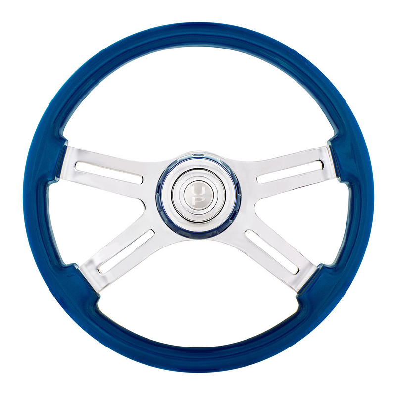 United Pacific 18" 4 Spoke Steering Wheel With Color Matching Horn Bezel Electric Blue 88313