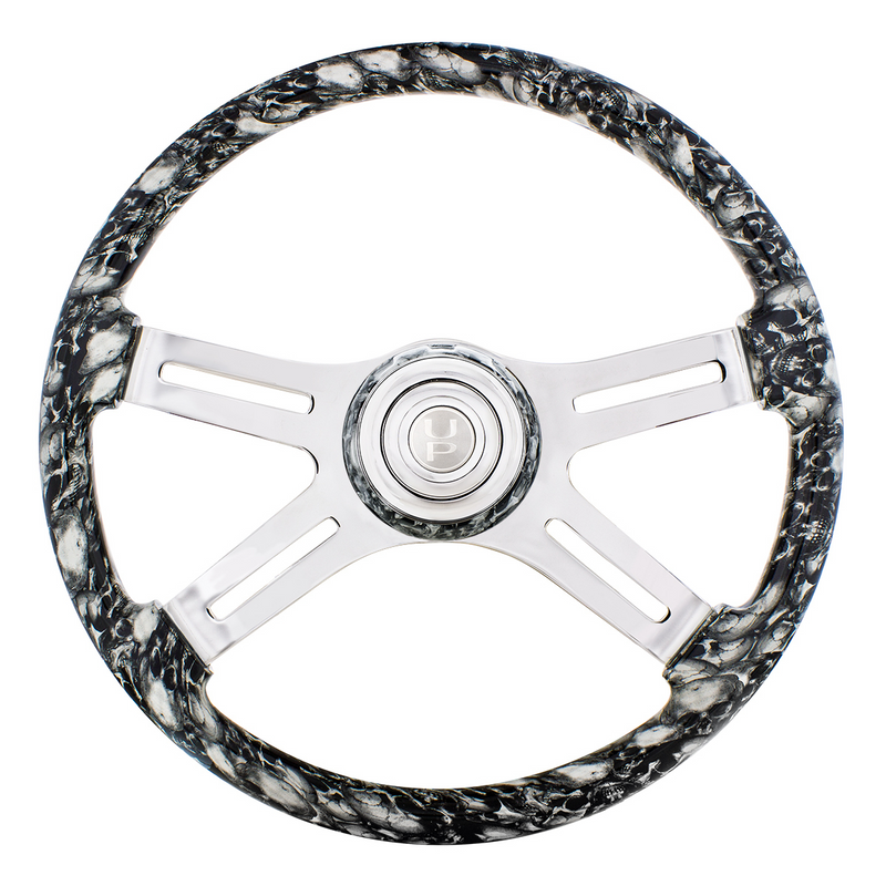 United Pacific 18" 4 Spoke Skull Steering Wheel With Matching Skull Horn Bezel White 88317