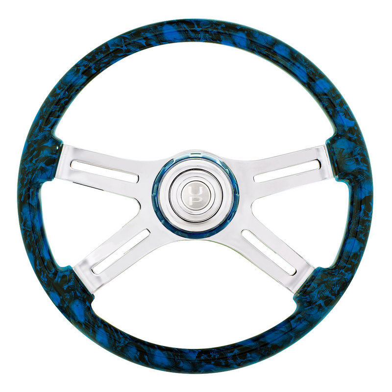 United Pacific 18" 4 Spoke Skull Steering Wheel With Matching Skull Horn Bezel Blue 88318