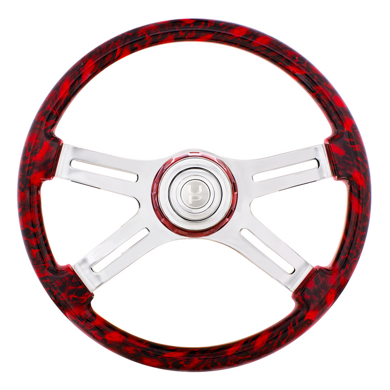 United Pacific 18" 4 Spoke Skull Steering Wheel With Matching Skull Horn Bezel Red 88319