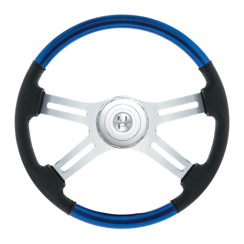 United Pacific 18" Leather & Wood Candy Color 4 Spoke Steering Wheel With Chrome Horn Bezel-Indigo Blue 88355
