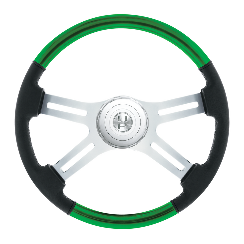 United Pacific 18" Leather & Wood Candy Color 4 Spoke Steering Wheel With Chrome Horn Bezel-Candy Apple Green 88356
