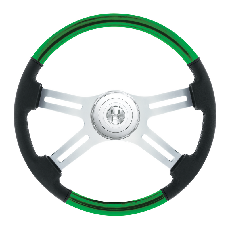 United Pacific 18" Leather & Wood Candy Color 4 Spoke Steering Wheel With Chrome Horn Bezel-Emerald Green 88357