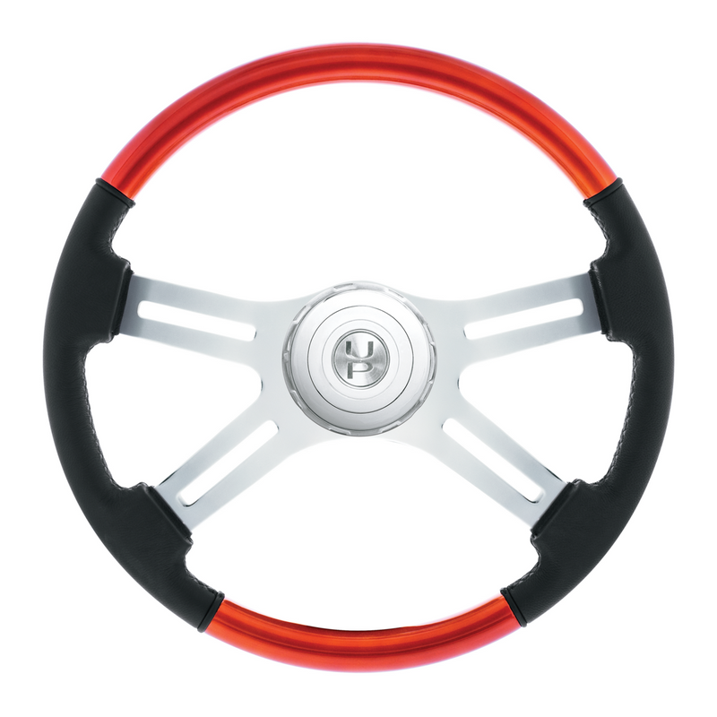 United Pacific 18" Leather & Wood Candy Color 4 Spoke Steering Wheel With Chrome Horn Bezel-Cadmium Orange 88358