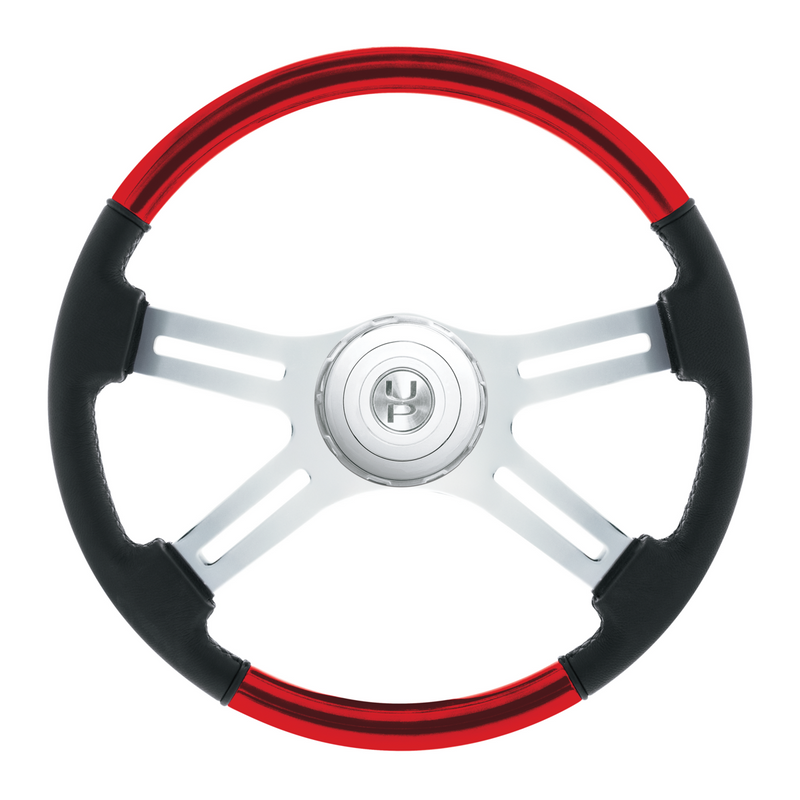 United Pacific 18" Leather & Wood Candy Color 4 Spoke Steering Wheel With Chrome Horn Bezel-Candy Red 88359