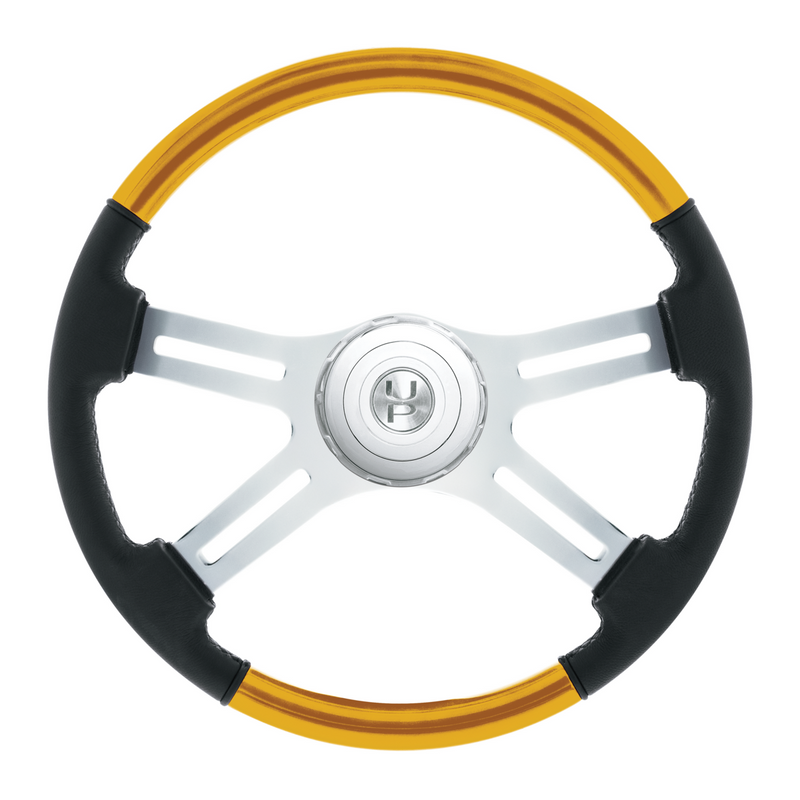 United Pacific 18" Leather & Wood Candy Color 4 Spoke Steering Wheel With Chrome Horn Bezel-Electric Yellow 88362