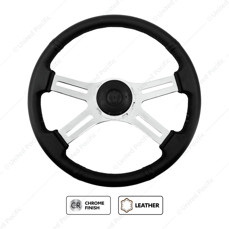 United Pacific 18" Black Leather Rim 4 Spoke Steering Wheel With Chrome Horn Bezel and Horn Button 88417