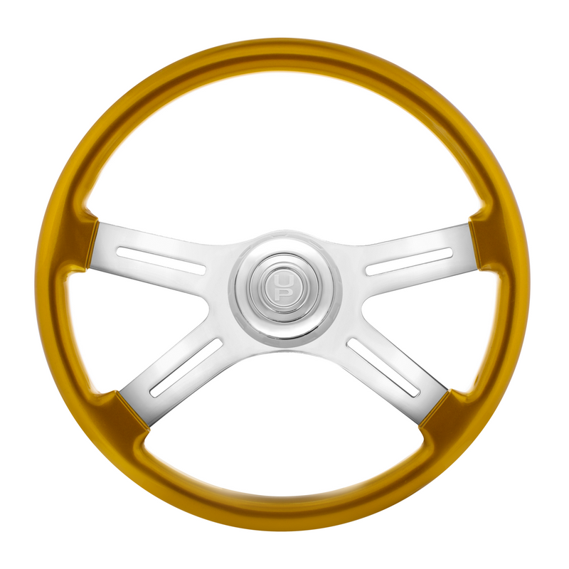 United Pacific 18" Candy Color 4 Spoke Steering Wheel With Chrome Horn Bezel And Horn Button-Electric Yellow 88461