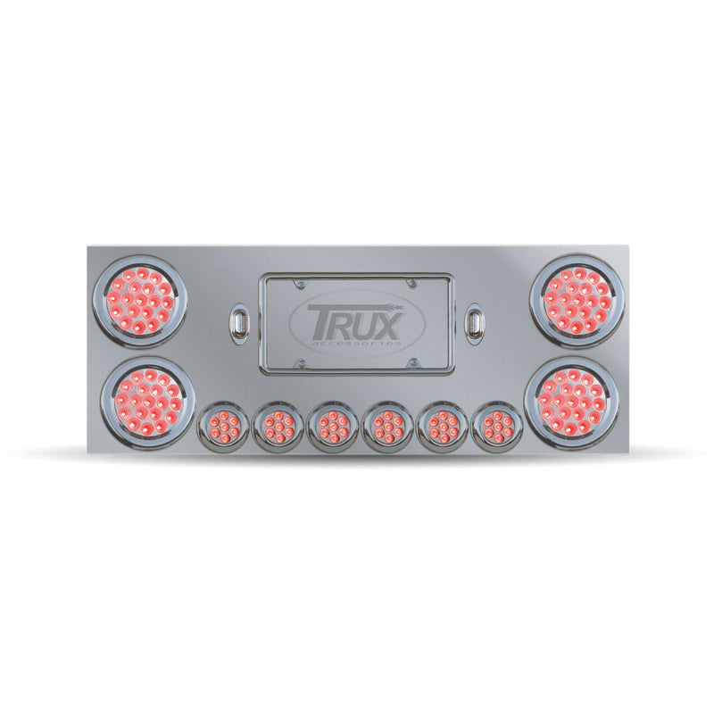 Trux Accessories Stainless Steel Rear Center Panel with 4 x 4", 6 x 2" Dual Revolution (Red/Purple) & 2 Purple License Light LEDs