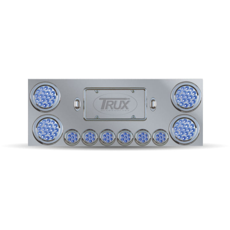 Trux Accessories Stainless Steel Rear Center Panel with 4 x 4", 6 x 2" Dual Revolution (Red/Blue) & 2 License Light LEDs