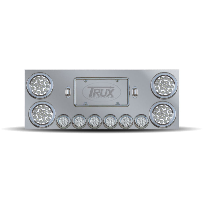 Trux Accessories Stainless Steel Rear Center Panel with 4 x 4", 6 x 2" Dual Revolution (Red/Green) & 2 Purple License Light LEDs